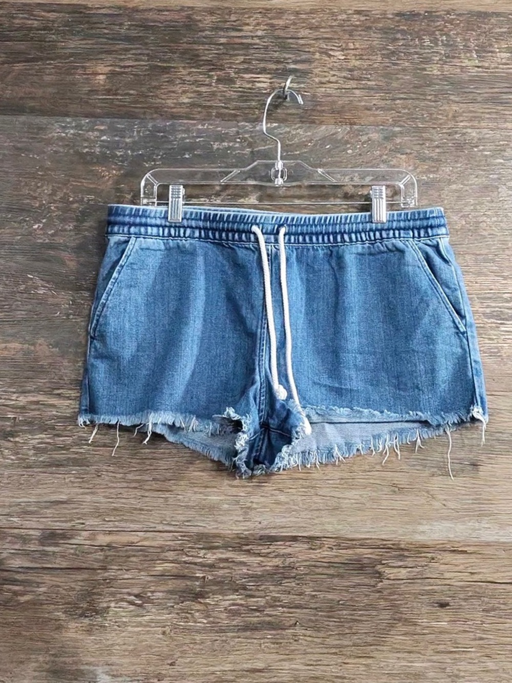 aerie Blue Denim Drawstring Frayed Hem Shorts